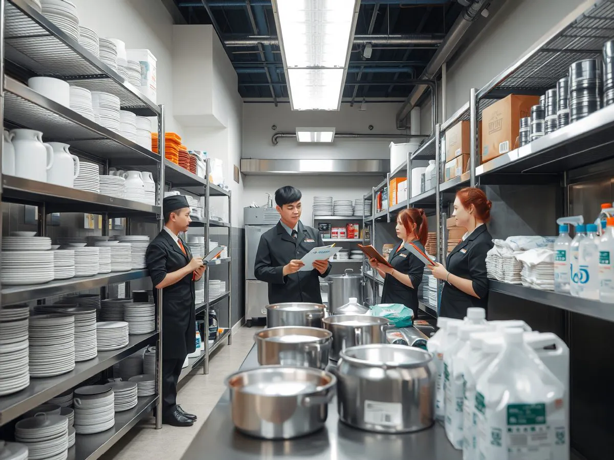新开火锅店厨房内整齐摆放的餐具和清洁用品，工作人员正在核对清单