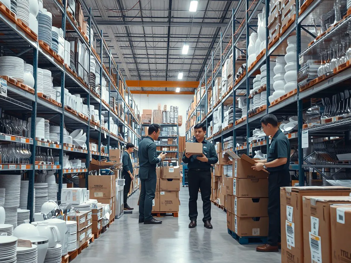 欧维泽餐饮用品仓库，货架整齐摆放各类餐具和厨房用具